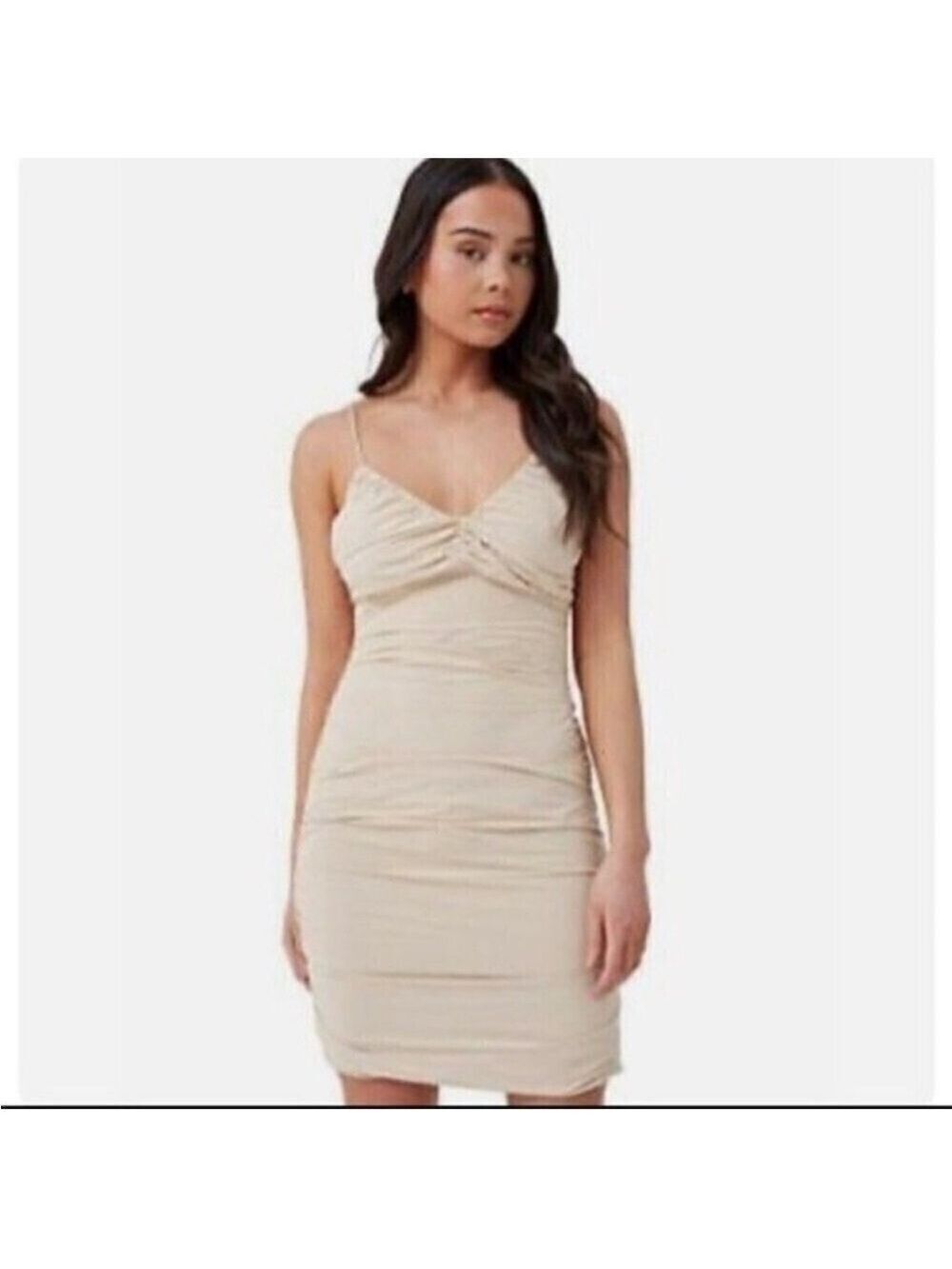 4TH & RECKLESS Rogue Cream Ruched Bodycon Mini Dress Criss Cross Back Medium - Picture 7 of 11